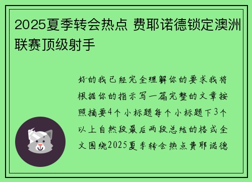 2025夏季转会热点 费耶诺德锁定澳洲联赛顶级射手 2025夏季转会热点 费耶诺德锁定澳洲联赛顶级射手